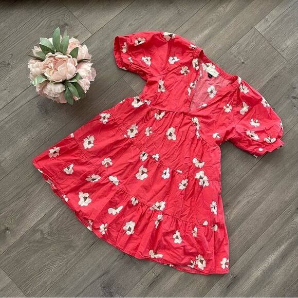 Universal Thread Red Floral Puff Sleeve Crinkle Tiered Mini Dress - Picture 4 of 7